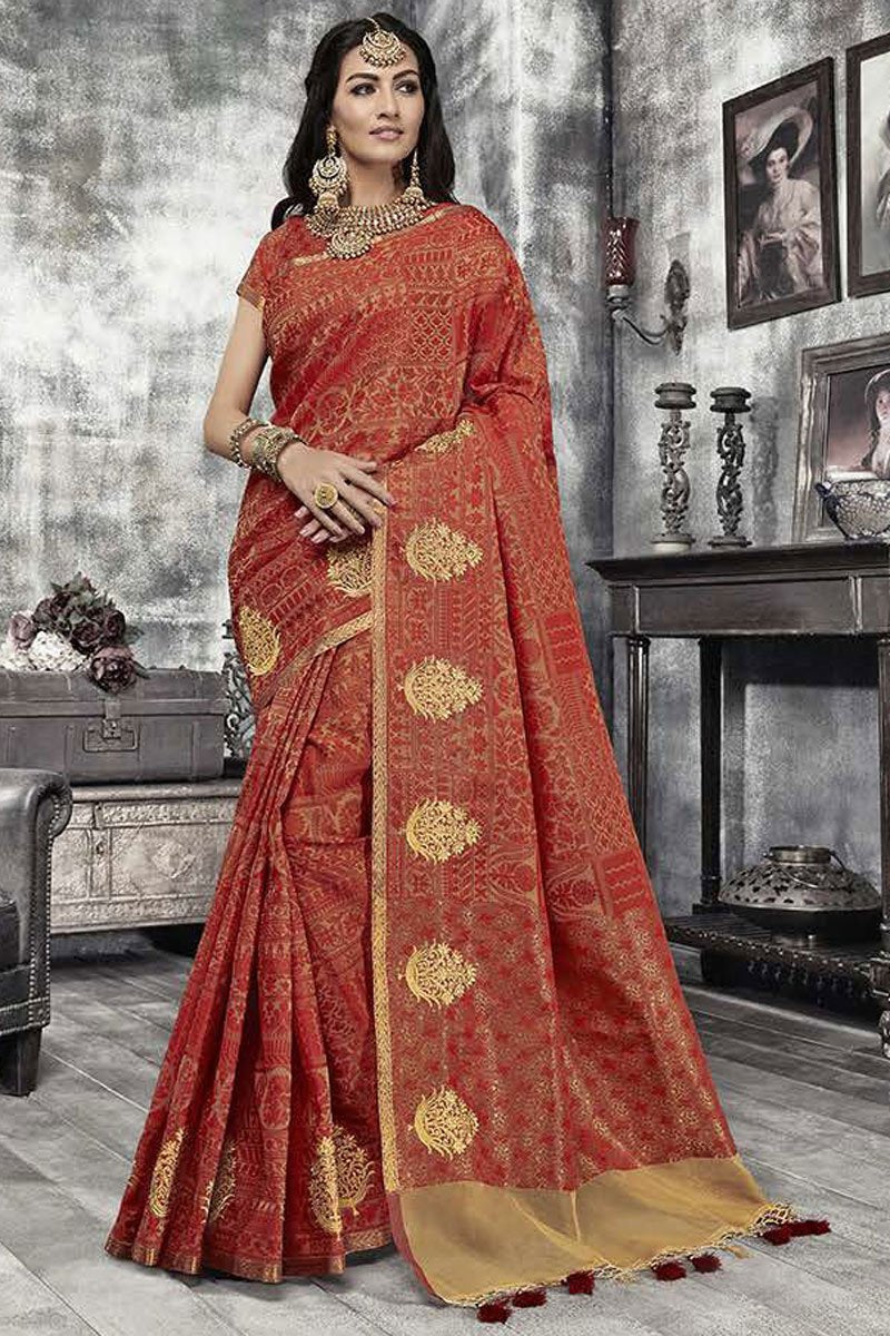 Fancy Art Silk Fabric Maroon Color Puja Wear Weaving Work Saree