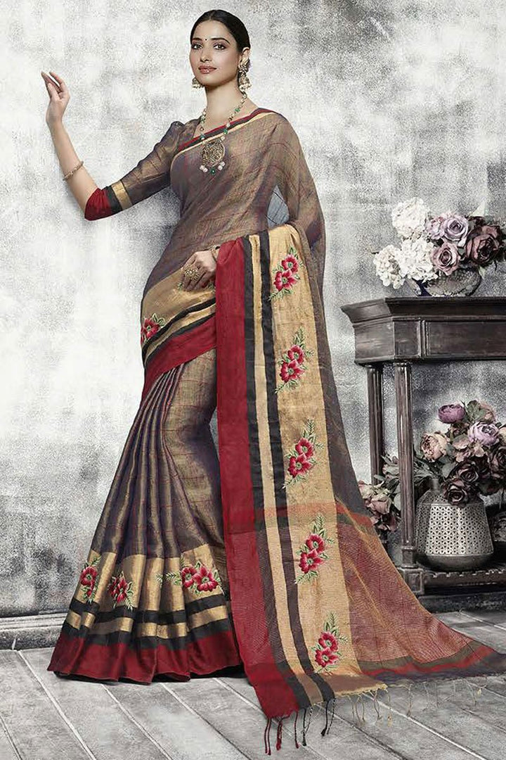 Tamanna Bhatia Sangeet Wear Dark Beige Color Fancy Weaving Work Saree