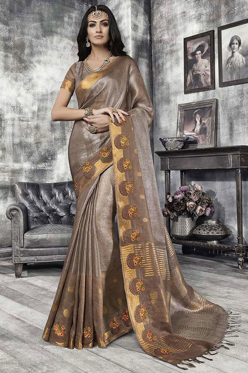 Function Wear Art Silk Fabric Brown Color Fancy Weaving Work Saree
