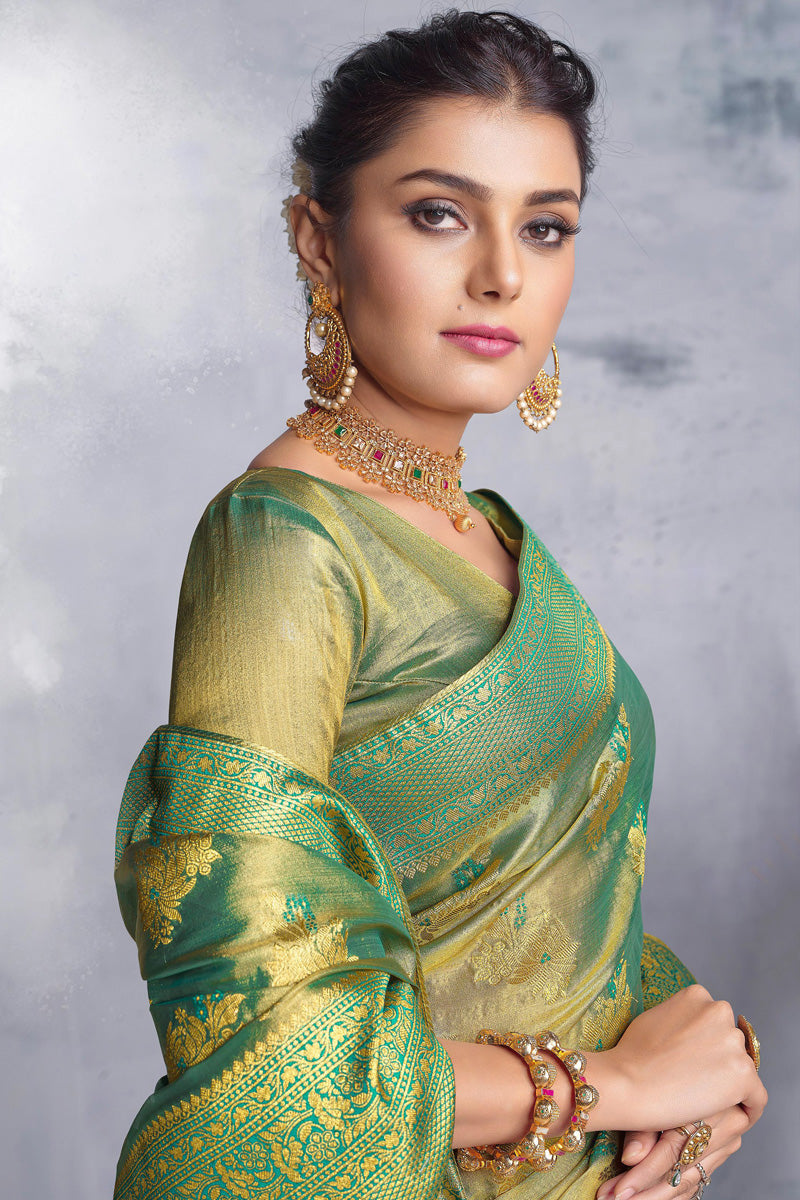 Green Color Fascinating Weaving Designs Organza Saree