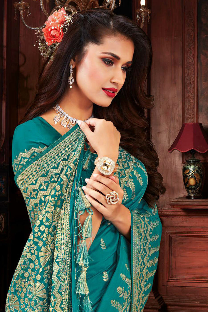 Classic Weaving Work Cyan Color Festival Wear Saree In Art Silk Fabric