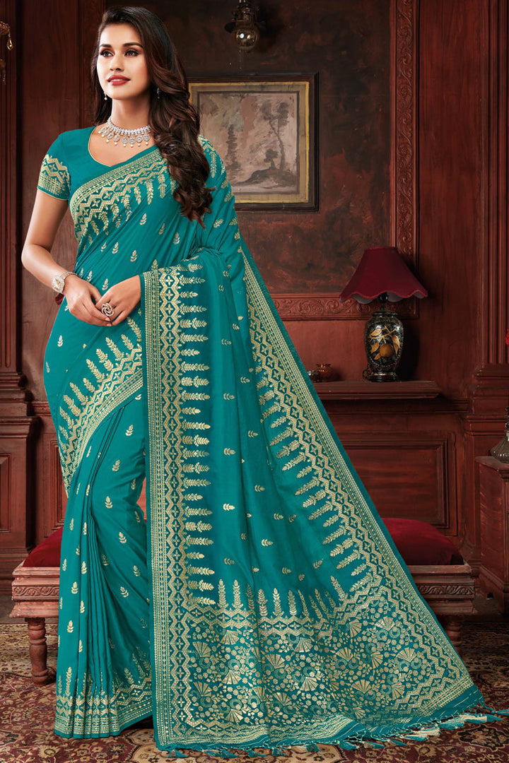 Classic Weaving Work Cyan Color Festival Wear Saree In Art Silk Fabric