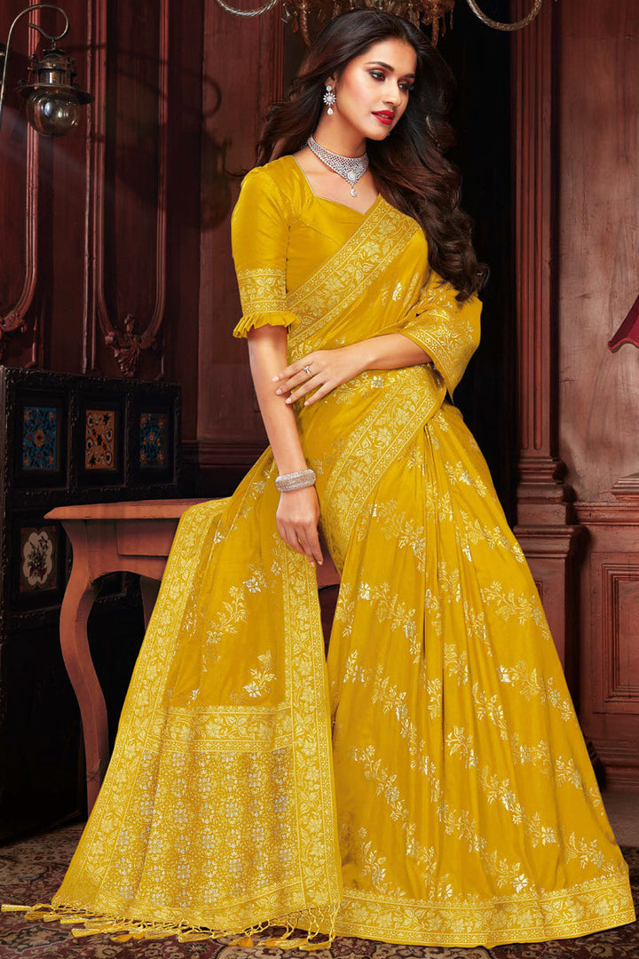 Attractive Weaving Work On Designer Saree In Yellow Color Art Silk Fabric