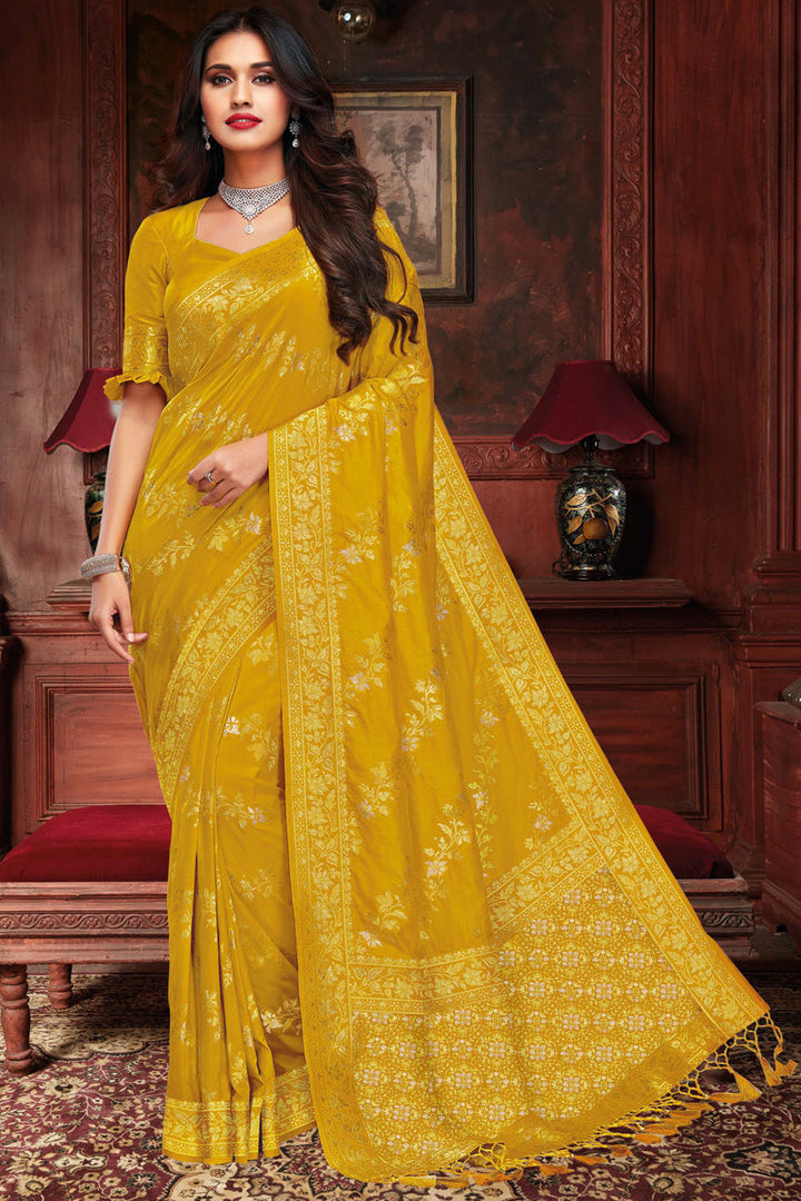 Attractive Weaving Work On Designer Saree In Yellow Color Art Silk Fabric