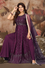 Load image into Gallery viewer, Chinon Fabric Purple Color Riveting Palazzo Suit
