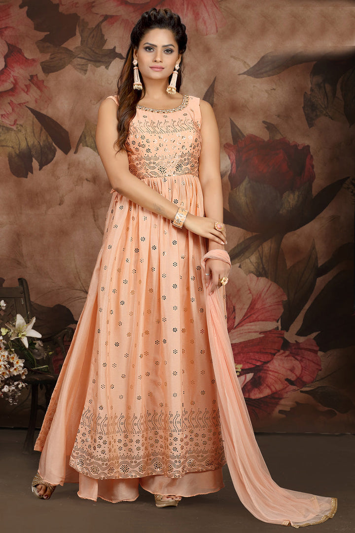 Peach Color Chinon Fabric Princely Palazzo Suit