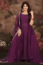 Load image into Gallery viewer, Chinon Fabric Purple Color Fancy Work Patterned Palazzo Suit
