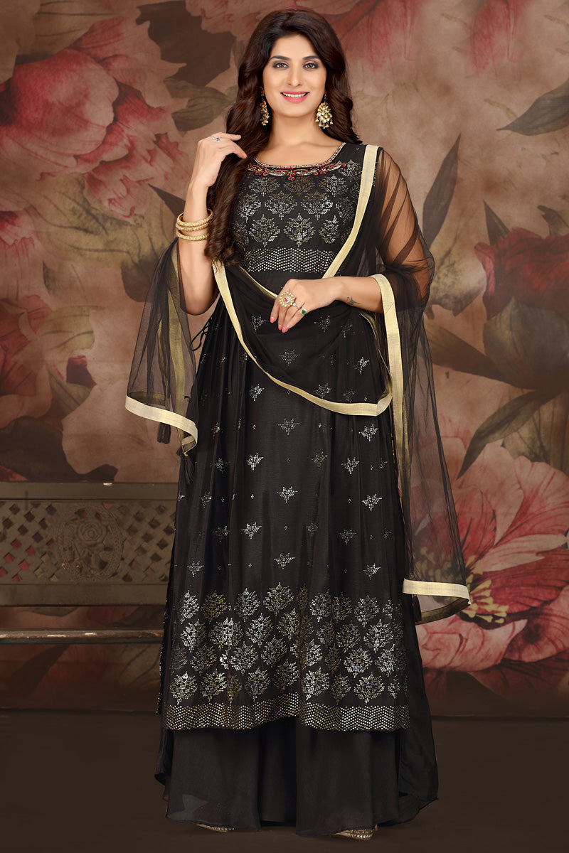 Amazing Chinon Fabric Black Color Palazzo Suit