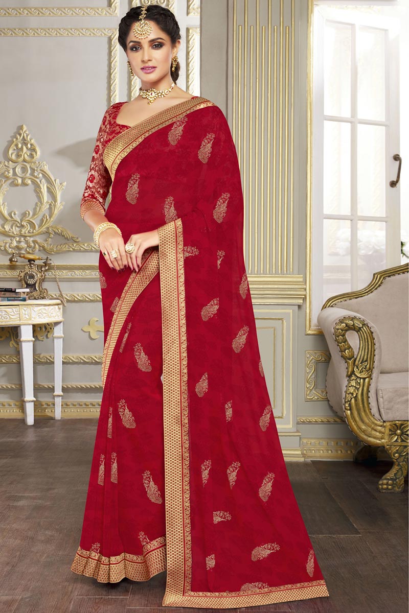 Maroon Color Georgette Saree Featuring Asmita Sood With Printed Work