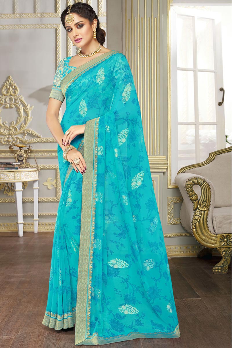 Beautiful Cyan Color Georgette Fabric Saree Featuring Asmita Sood With Printed Work