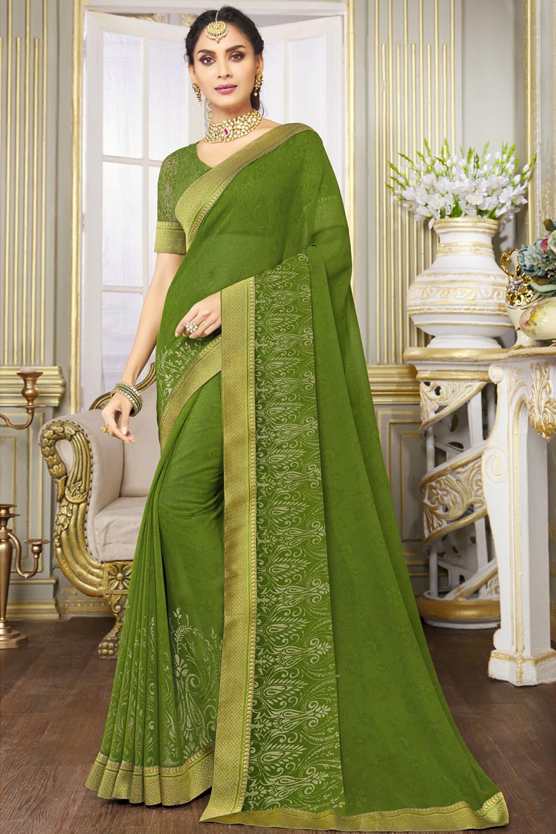 Georgette Fabric Classic Festive Wear Green Color Saree With Printed Work