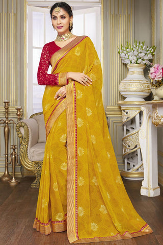 Festive Wear Georgette Fabric Yellow Color Saree With Printed Work