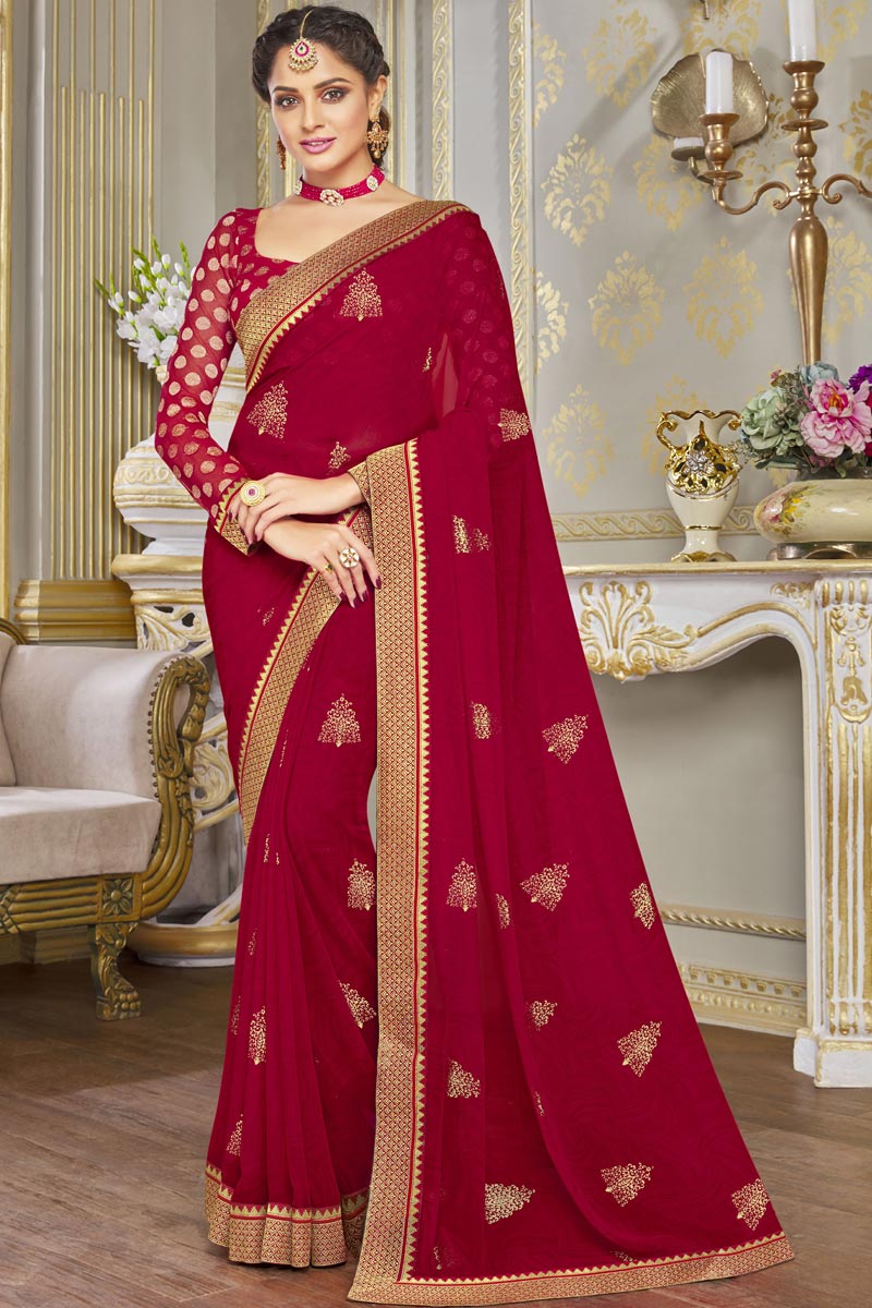 Maroon Color Alluring Georgette Fabric Saree Featuring Asmita Sood With Printed Work