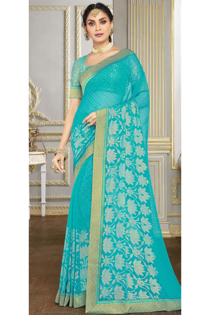 Georgette Fabric Festive Wear Cyan Color Saree With Printed Work