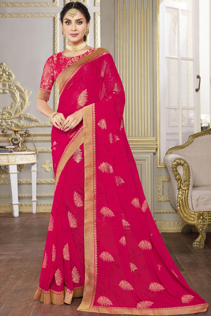 Rani Color Bright Georgette Fabric Printed Work Saree In Festive Wear