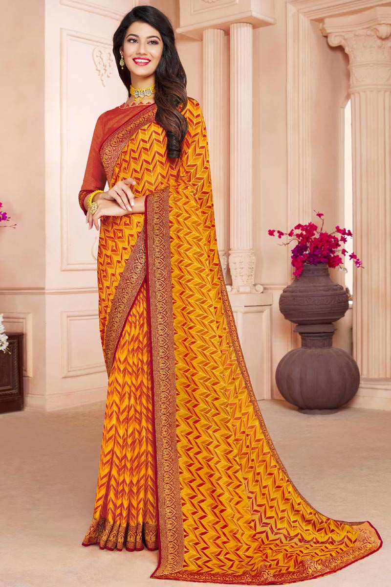 Casual Wear Yellow Color Chiffon Saree With Printed Work