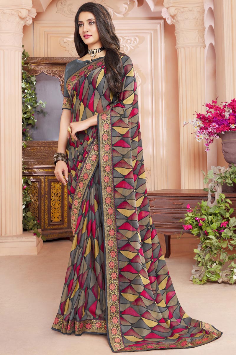 Chiffon Fabric Grey Color Saree With Printed Work