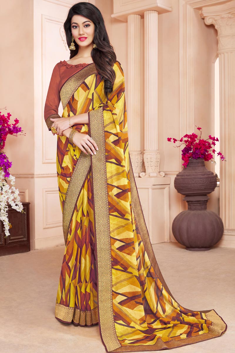 Incredible Yellow Color Chiffon Saree With Printed Work