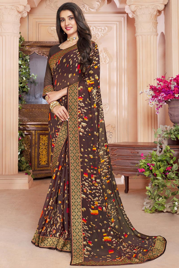 Brown Color Alluring Chiffon Saree With Printed Work