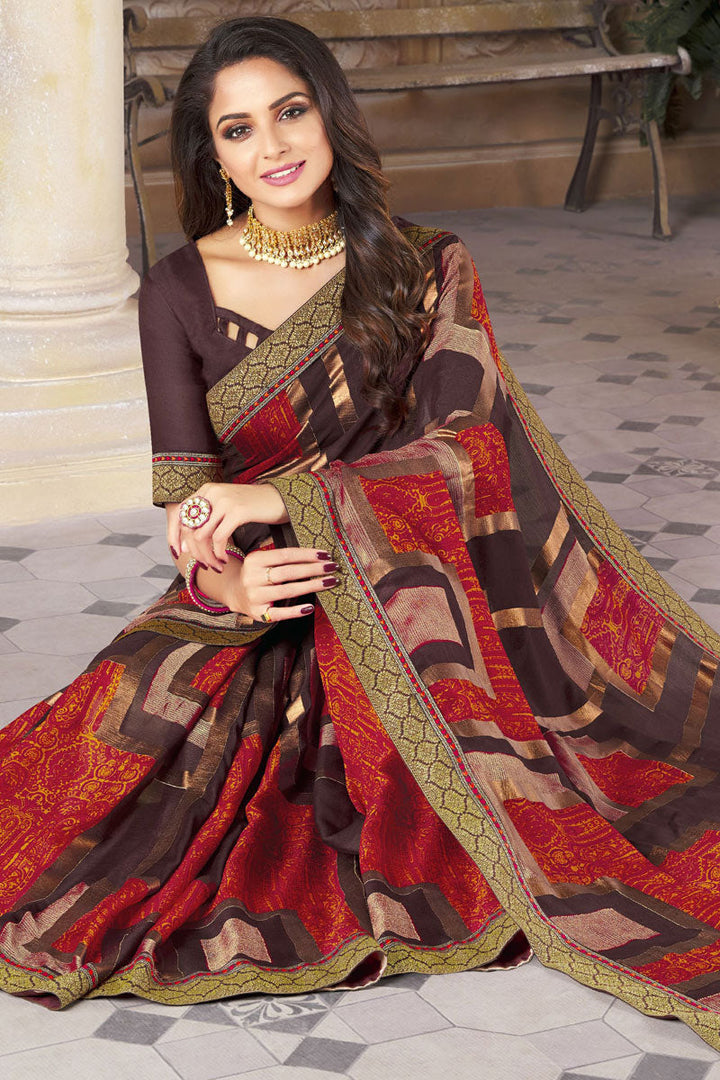 Casual Wear Wine Color Saree Featuring Asmita Sood With Border Work