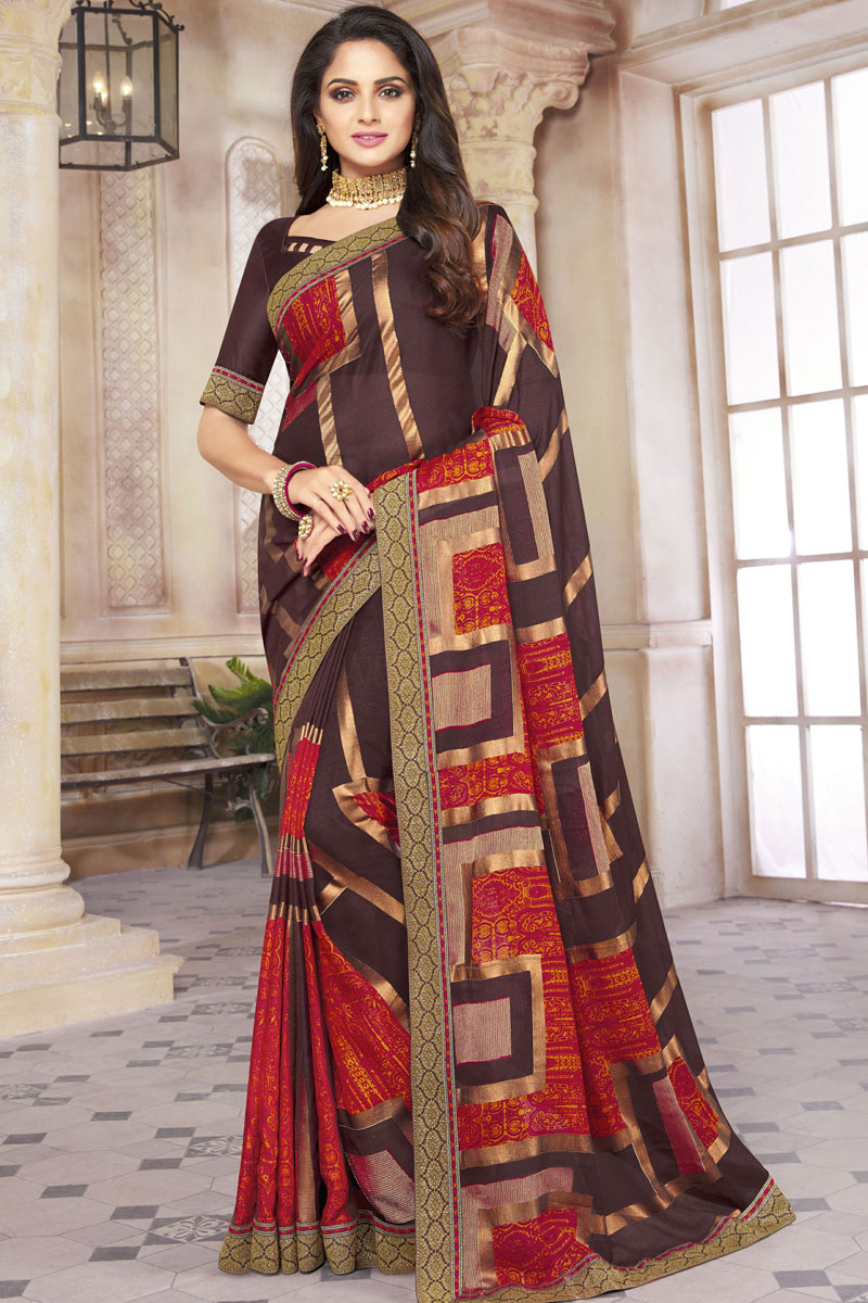 Casual Wear Wine Color Saree Featuring Asmita Sood With Border Work