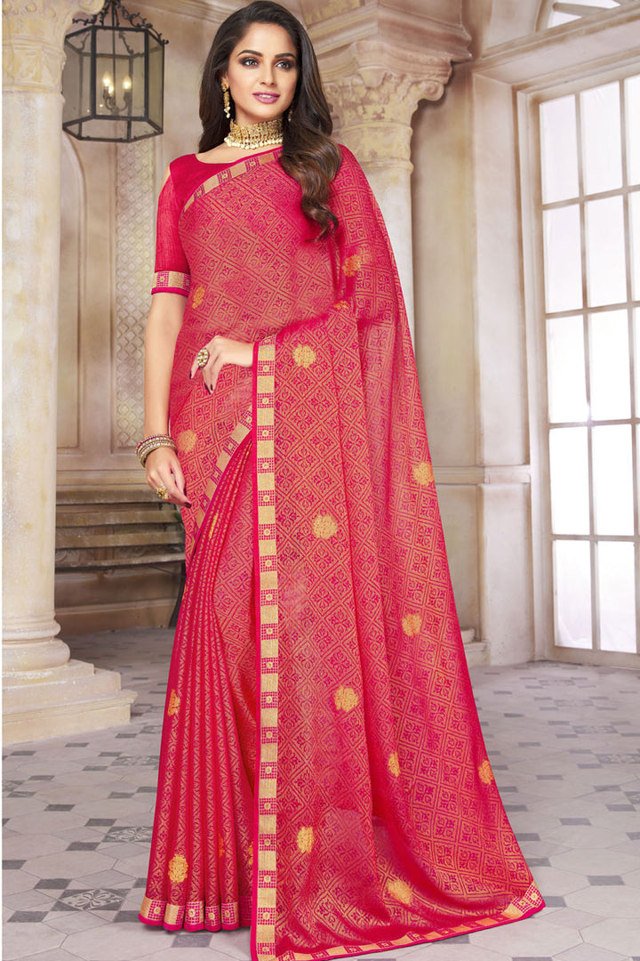 Pink Color Brasso Fabric Saree With Border Work Featuring Asmita Sood
