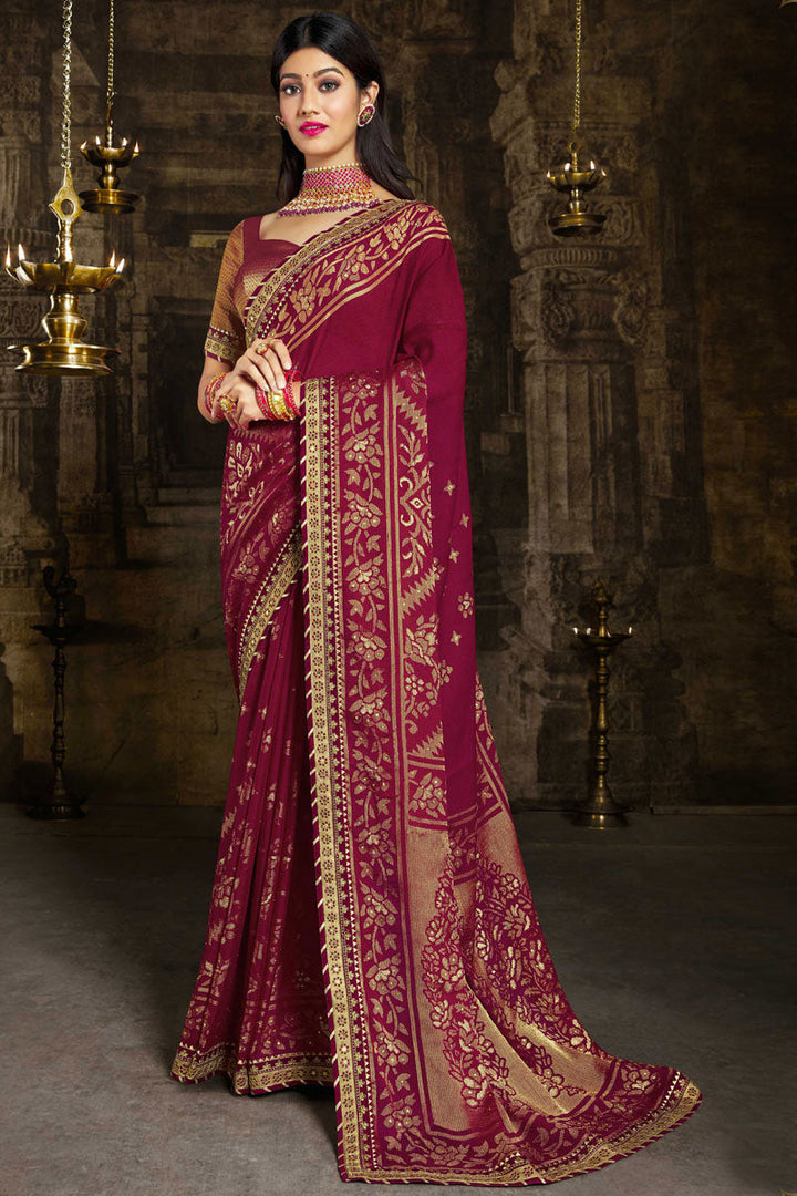 Maroon Color Brasso Fabric Saree With Lace Border Work