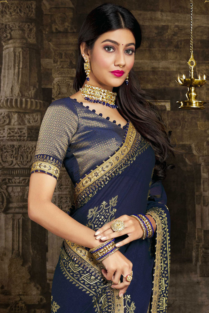 Navy Blue Color Classic Brasso Fabric Festival Wear Saree With Lace Border Work