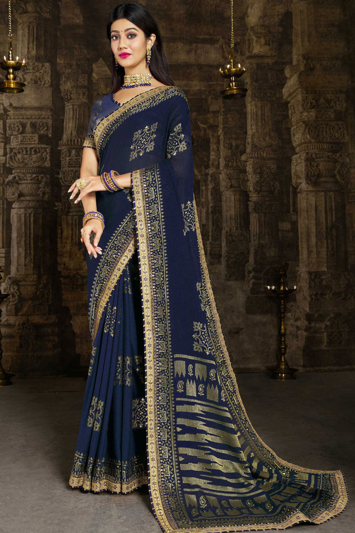 Navy Blue Color Classic Brasso Fabric Festival Wear Saree With Lace Border Work