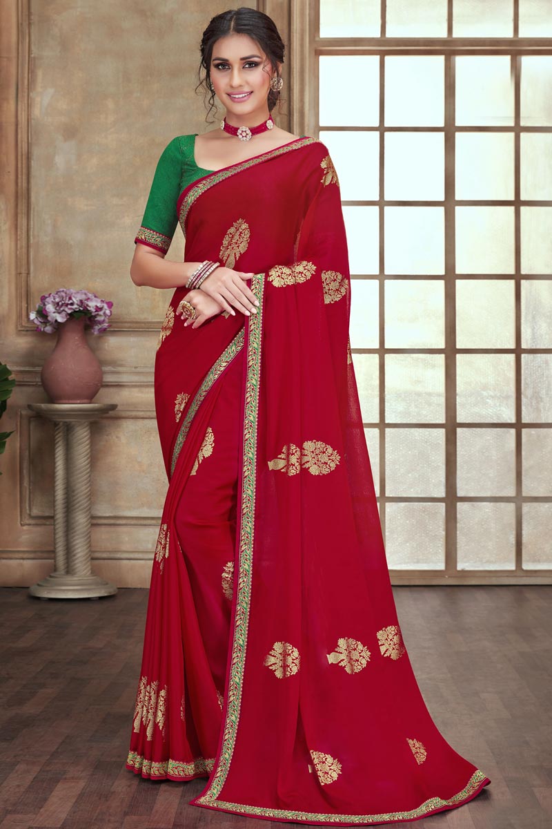 Maroon Color Chiffon Saree With Border Work