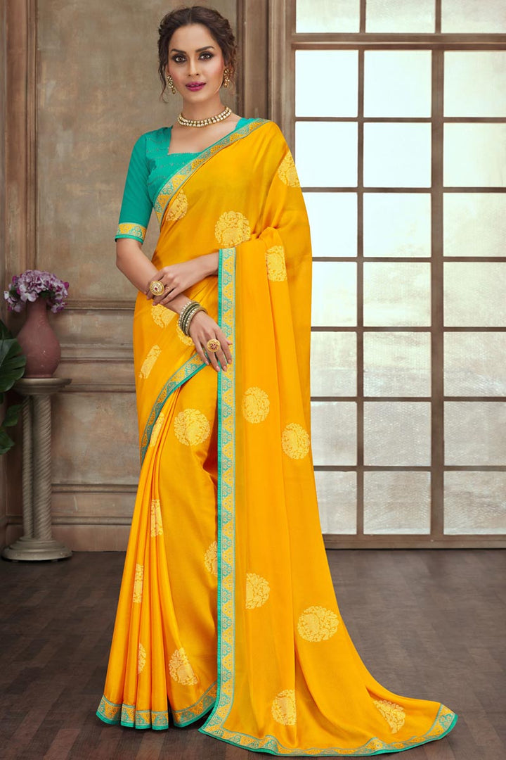Beautiful Yellow Color Chiffon Fabric Saree With Border Work