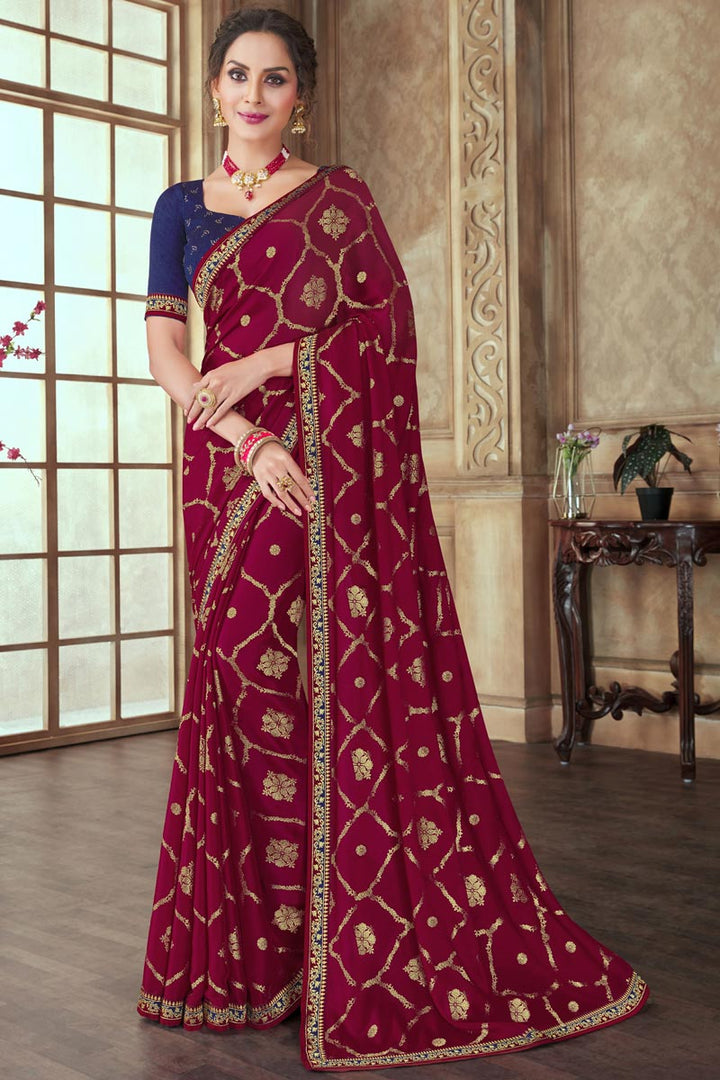 Marvelous Maroon Color Chiffon Fabric Saree With Border Work