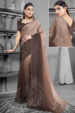 Load image into Gallery viewer, Engaging Brown Color Satin Fabric Designer Saree With Stone Work
