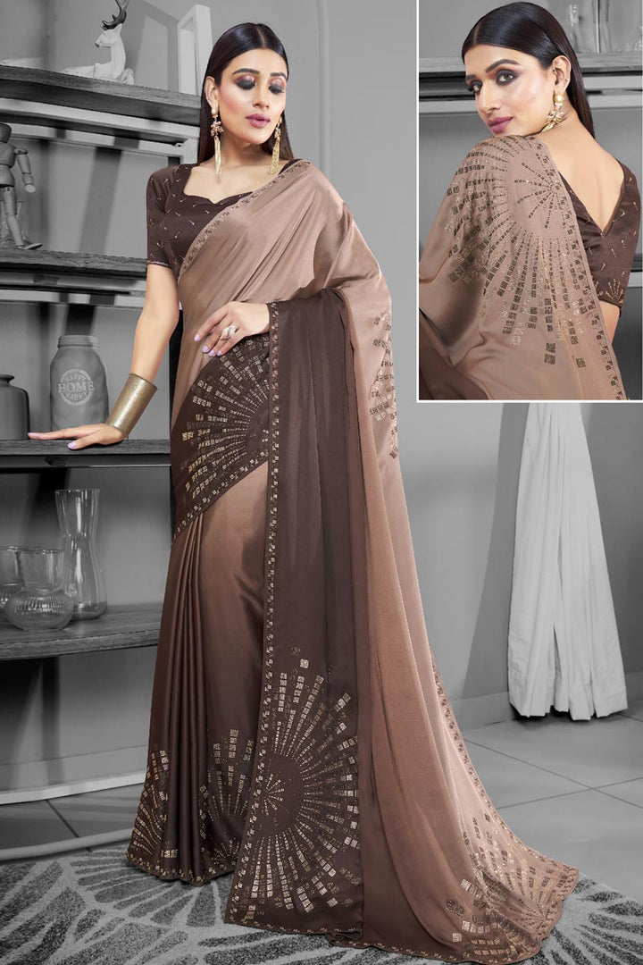 Engaging Brown Color Satin Fabric Designer Saree With Stone Work
