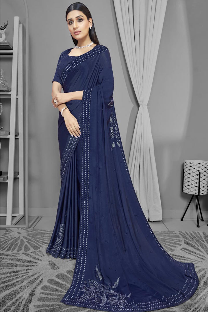 Satin Fabric Navy Blue Color Saree With Fascinating Stone Work
