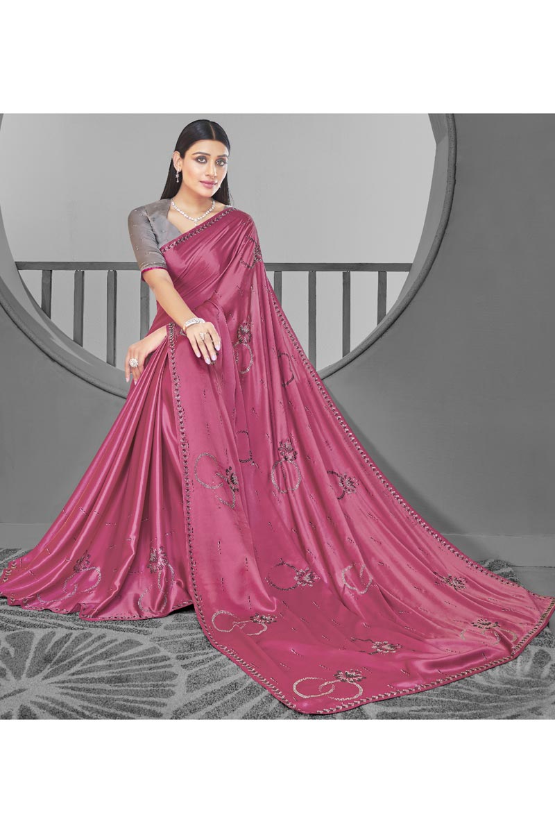 Radiant Stone Work On Pink Color Satin Fabric Function Wear Saree