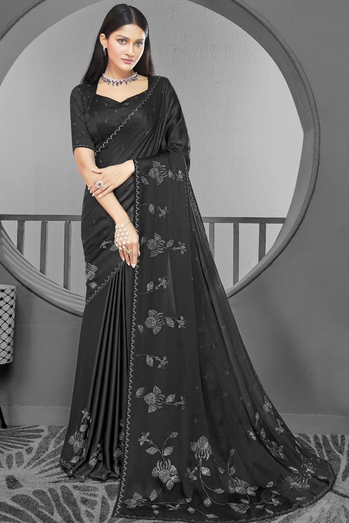 Beguiling Stone Work On Black Color Satin Fabric Sangeet Wear Saree