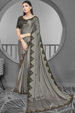Load image into Gallery viewer, Creative Satin Fabric Grey Color Sangeet Wear Saree With Stone Work
