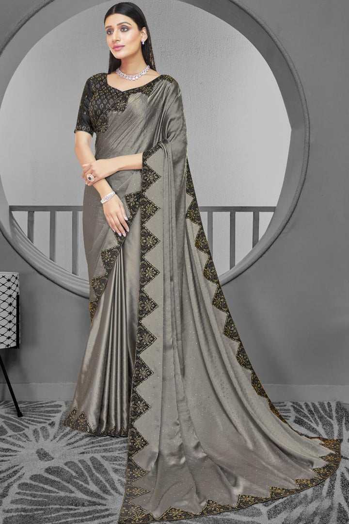 Creative Satin Fabric Grey Color Sangeet Wear Saree With Stone Work