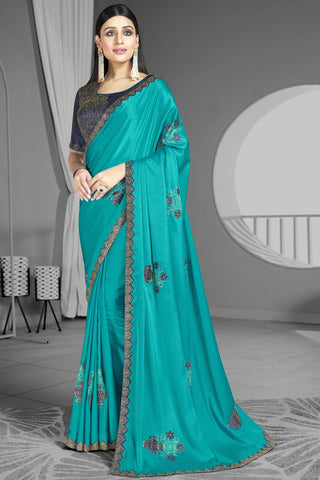 Engaging Cyan Color Satin Fabric Designer Saree With Stone Work