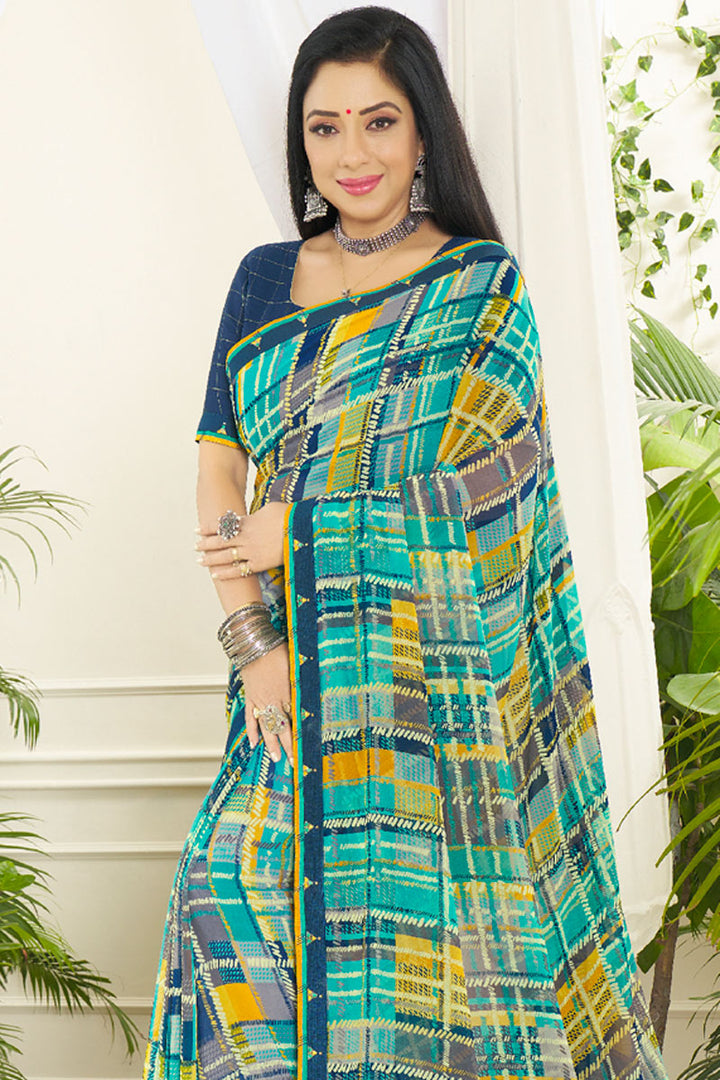 Georgette Fabric Dazzling Multi Color Saree Featuring Anupamaa Fame Rupali Ganguly With Digital Printed Work