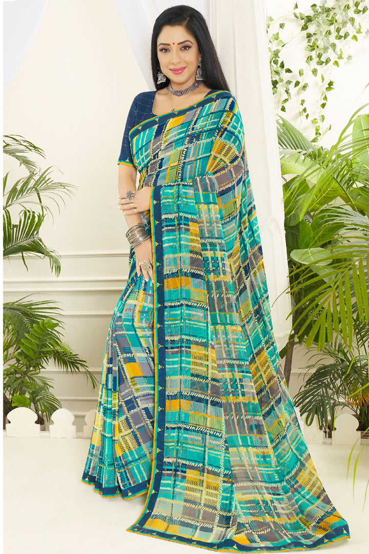 Georgette Fabric Dazzling Multi Color Saree Featuring Anupamaa Fame Rupali Ganguly With Digital Printed Work