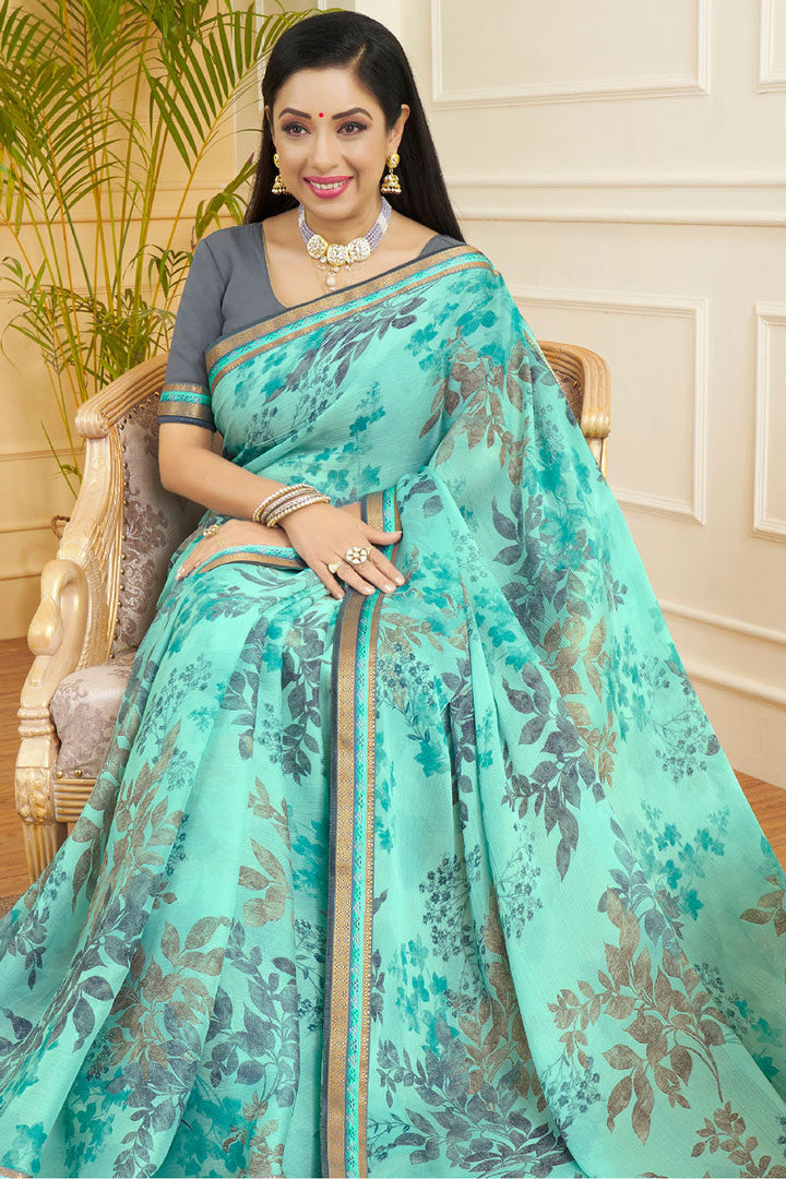 Sea Green Color Alluring Chiffon Fabric Saree With Digital Printed Work Featuring Anupamaa Fame Rupali Ganguly
