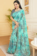 Load image into Gallery viewer, Sea Green Color Alluring Chiffon Fabric Saree With Digital Printed Work Featuring Anupamaa Fame Rupali Ganguly