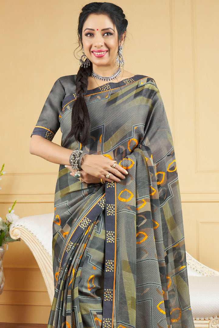 Beautiful Grey Color Chiffon Fabric Saree With Digital Printed Work Featuring Anupamaa Fame Rupali Ganguly