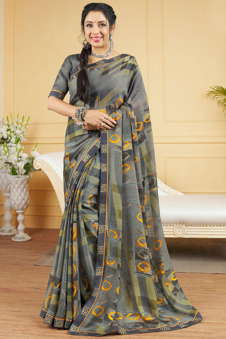 Beautiful Grey Color Chiffon Fabric Saree With Digital Printed Work Featuring Anupamaa Fame Rupali Ganguly