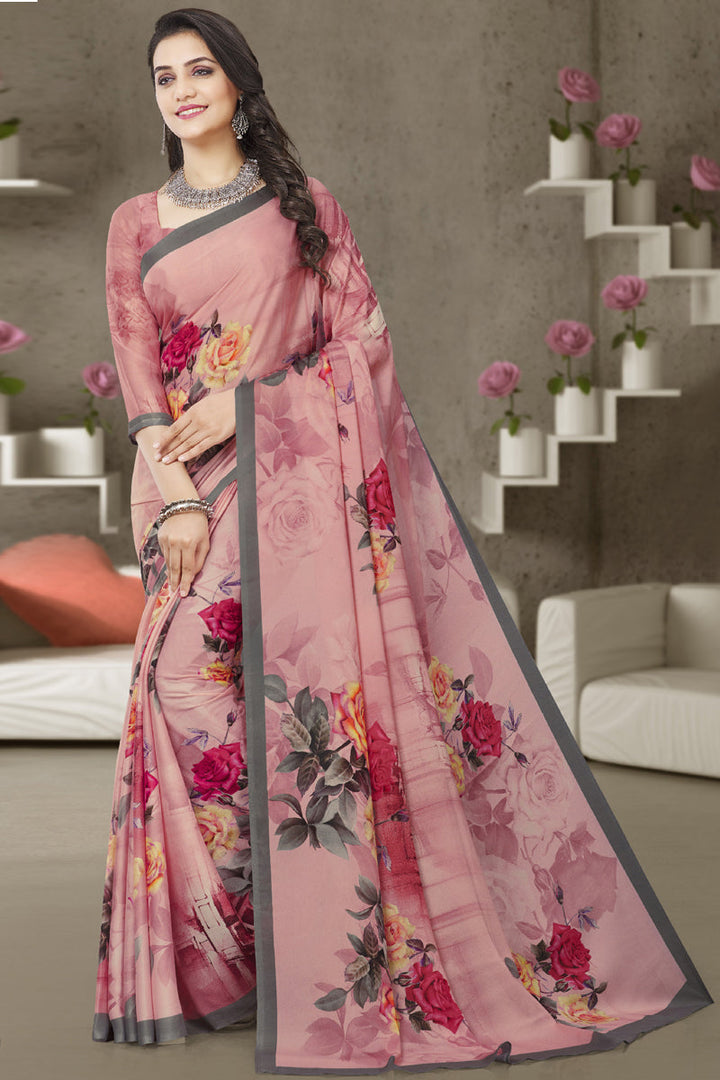 Stunning Georgette Casual Pink Color Simple Printed Saree