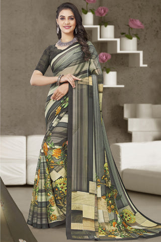 Enriching Grey Color Regular Wear Georgette Printed Saree