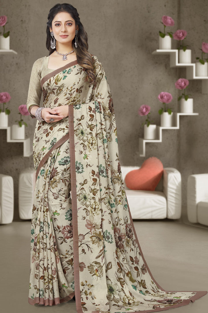 Fascinate Regular Wear Beige Color Printed Saree In Georgette Fabric