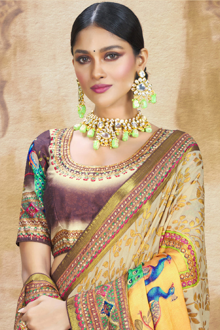 Beige Color Brasso Fabric Printed Function Wear Classic Saree